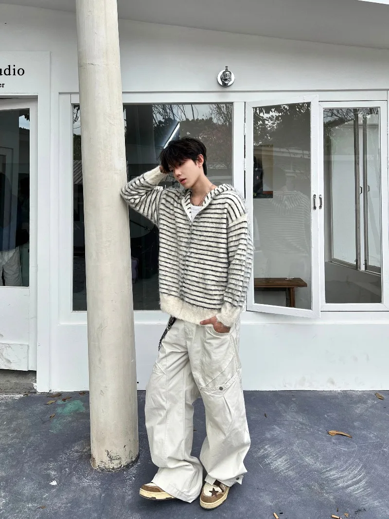 الأمريكية الرجعية مخطط الموضة العصرية الرجال مقنعين سترة سترة الشباب شعبية فضفاضة عادية محبوك سترة #5