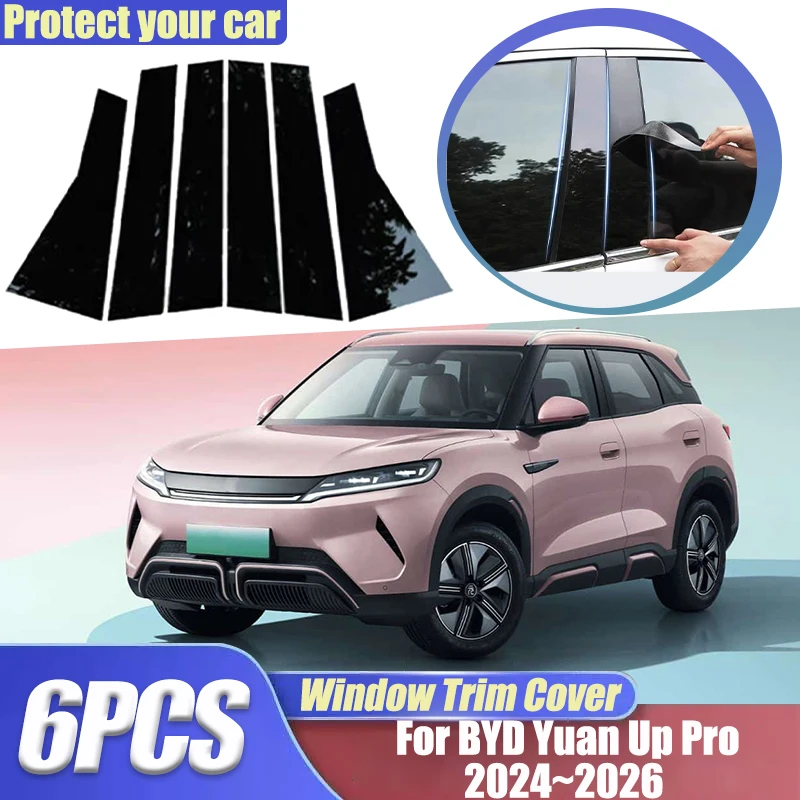 

For BYD Yuan Up Pro 2024 Accessories 2025 2026 6PCS Carbon Window Trim Cover B C Pillar Protection Film Stickers Car Accessories