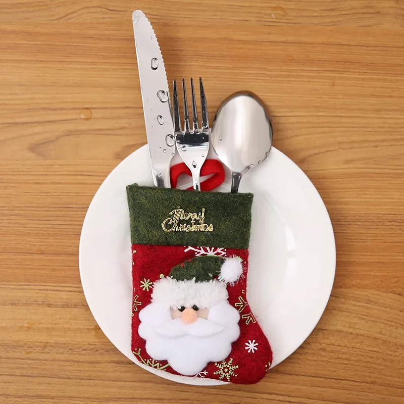 Santa Socks Reindeer Christmas New Year Pocket Fork Knife Cutlery Holder Bag Party Table Dinner Tableware Decorations for Home