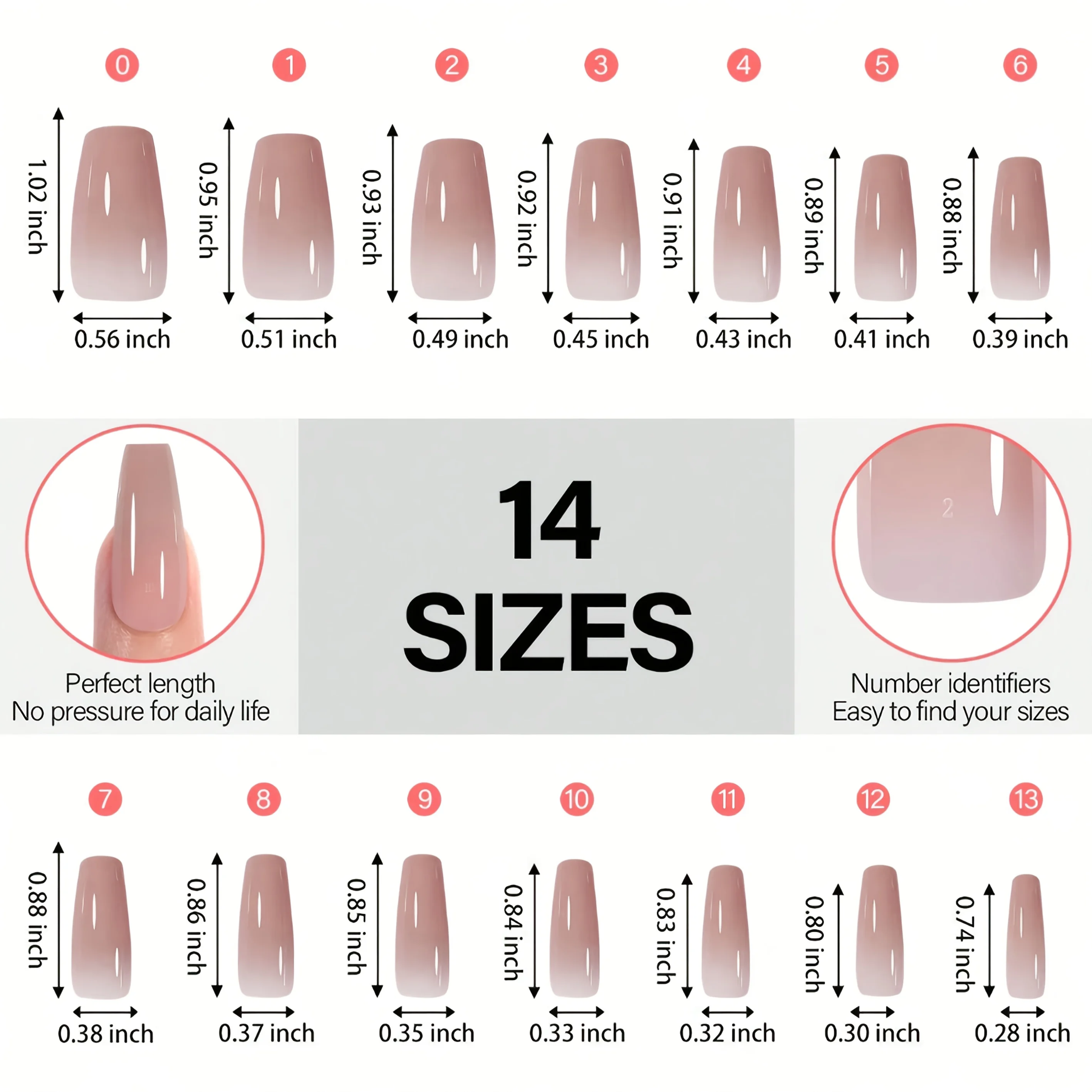 112 szt./140 szt. w 1 pudełku, 5 kolorów krótkie tipsy w kształcie trumienki/buzi/owalu/kwadratu, 14 różnych rozmiarów akrylowych tipsów, pełny zestaw sztucznych paznokci.