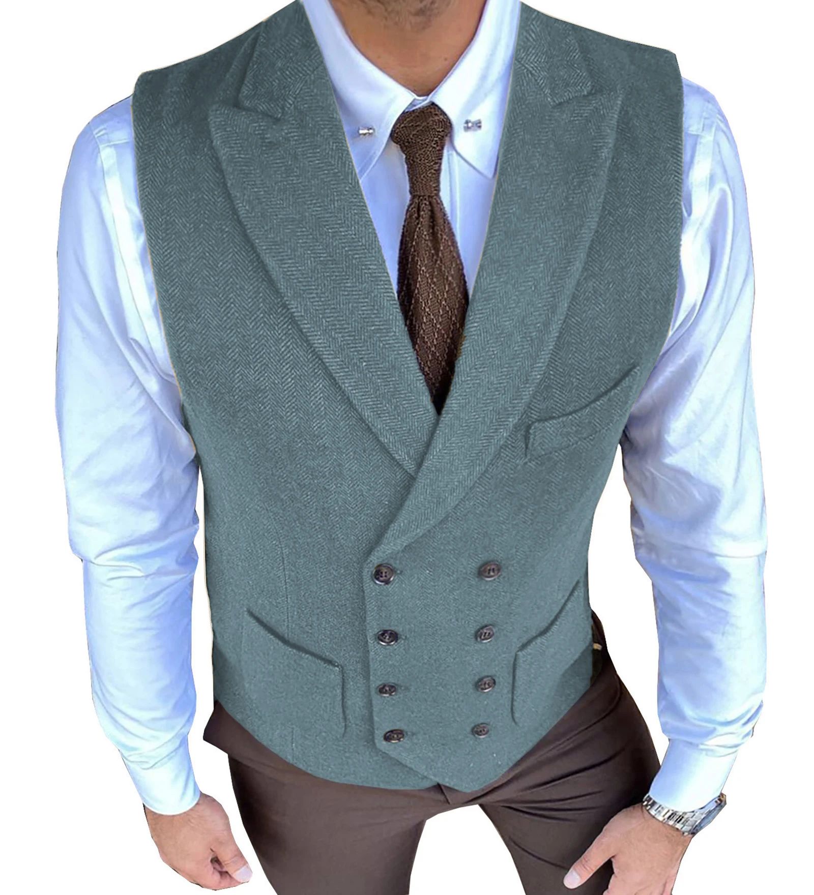 Herringbone Men's Vest Casual Double Breasted Suit Vest Herringbone Pattern Notch Lapel Waistcoat for Groomsmen for Men Vest