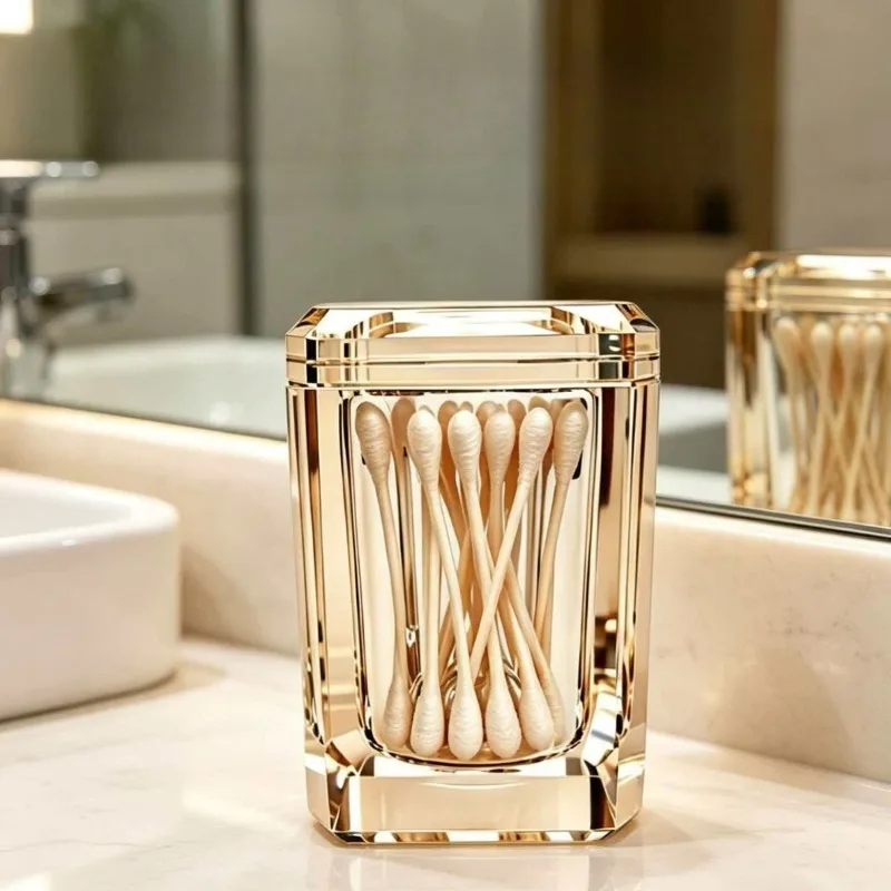 Amber Crystal Glass Cotton Swab Box Toothpick Jar Storage Container Desktop Decoration Modern Transparent Crystal Glass Swab Jar