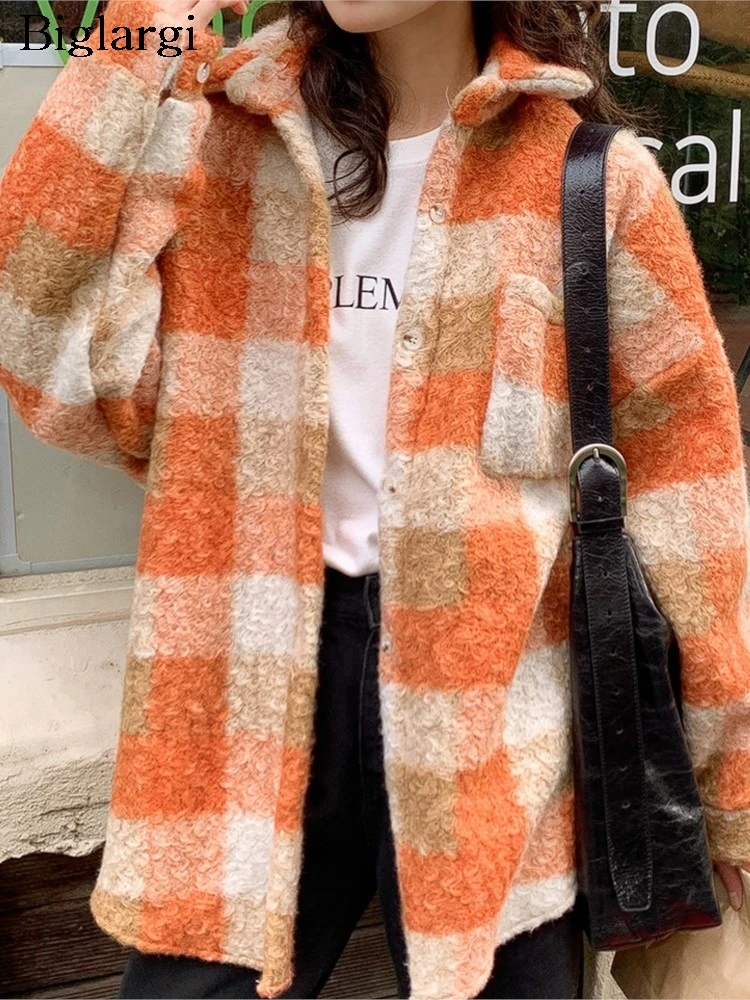 

Осенне-зимнее твидовое пальто, женское клетчатое пальто с длинным рукавом и принтом, повседневное свободное женское пальто