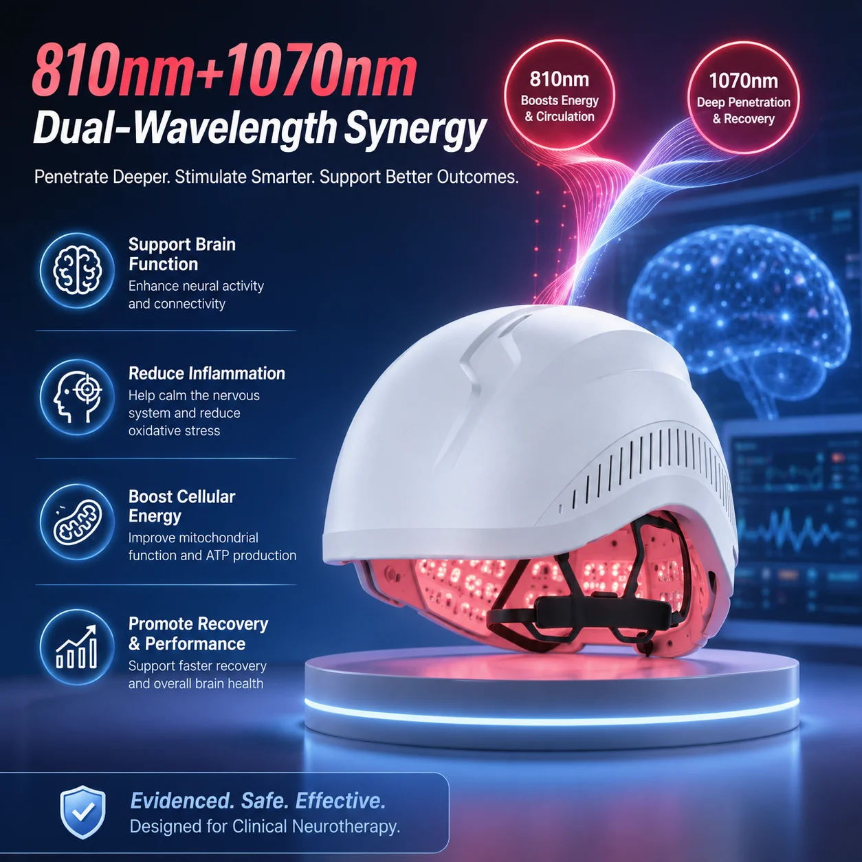 810nm+1070nm 21-Zone PBM Helmet For QEEG Neurofeedback Centers With Personalized Brain Training And Professional Session Control