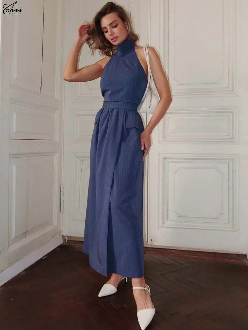 

Oymimi Fashion Blue Print Women's Dress Elegant Halter Neck Sleeveless Open Back Dresses Autumn Pockets Ankle-Length Dresses
