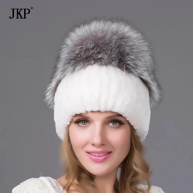 

JKP Winter Rex Rabbit Fur Hat For Women With Fox Fur fashion Knitted Cap Beanies Fur Hat Send Gift Good Quality caps THY-27