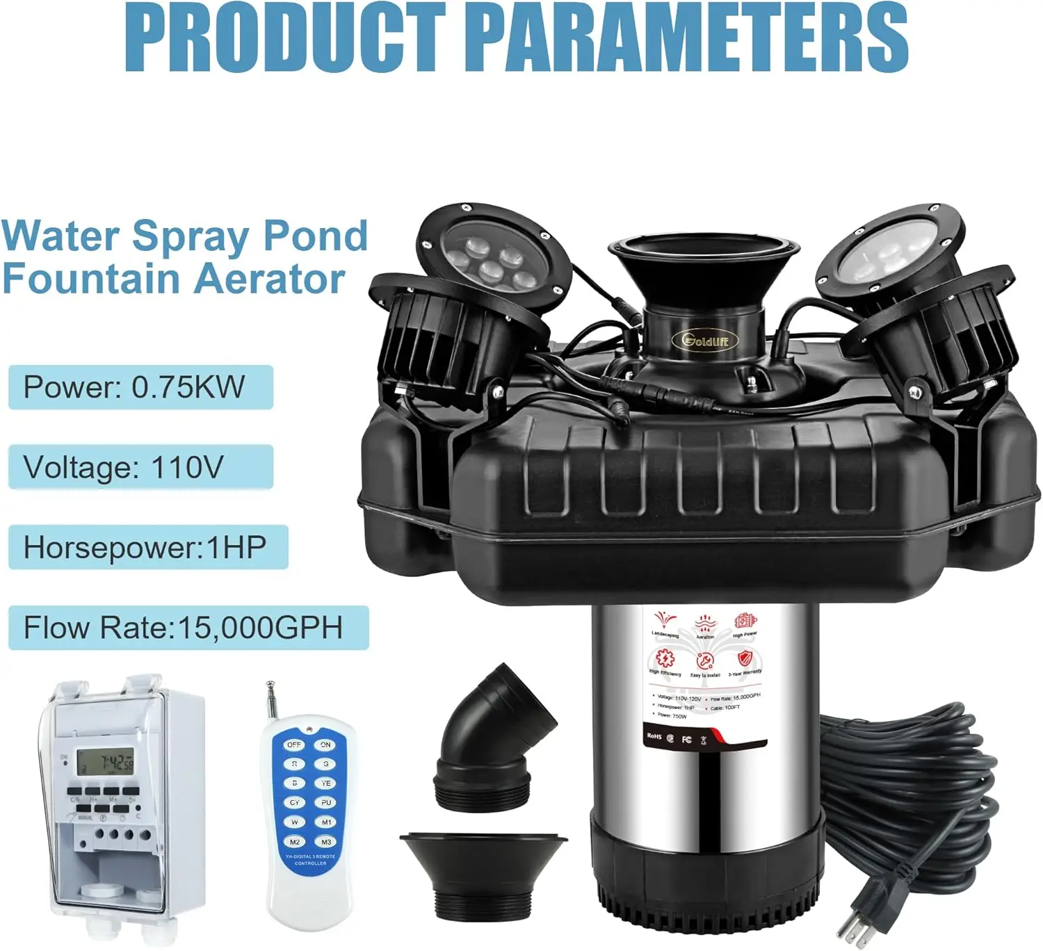 

Аэратор для фонтана для пруда, F3 с 4 RGB-подсветками, плавающий фонтан из нержавеющей стали мощностью 1 л.с., 750 Вт, 110 В, шнур питания 100 футов, бесплатная доставка