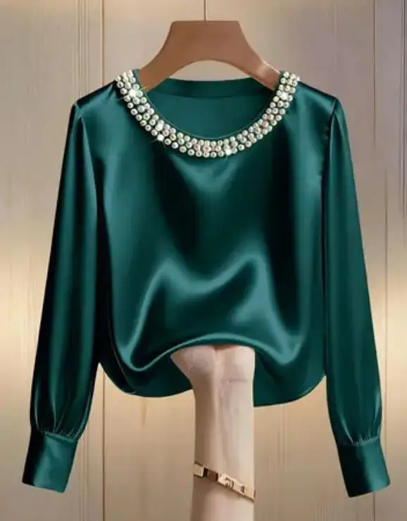 

Women's Shirt 2026 Spring and Autumnsilk Satin Pearl Decoration Solid Color Slim Fit Shirt Suitable for Banquets and Commuting