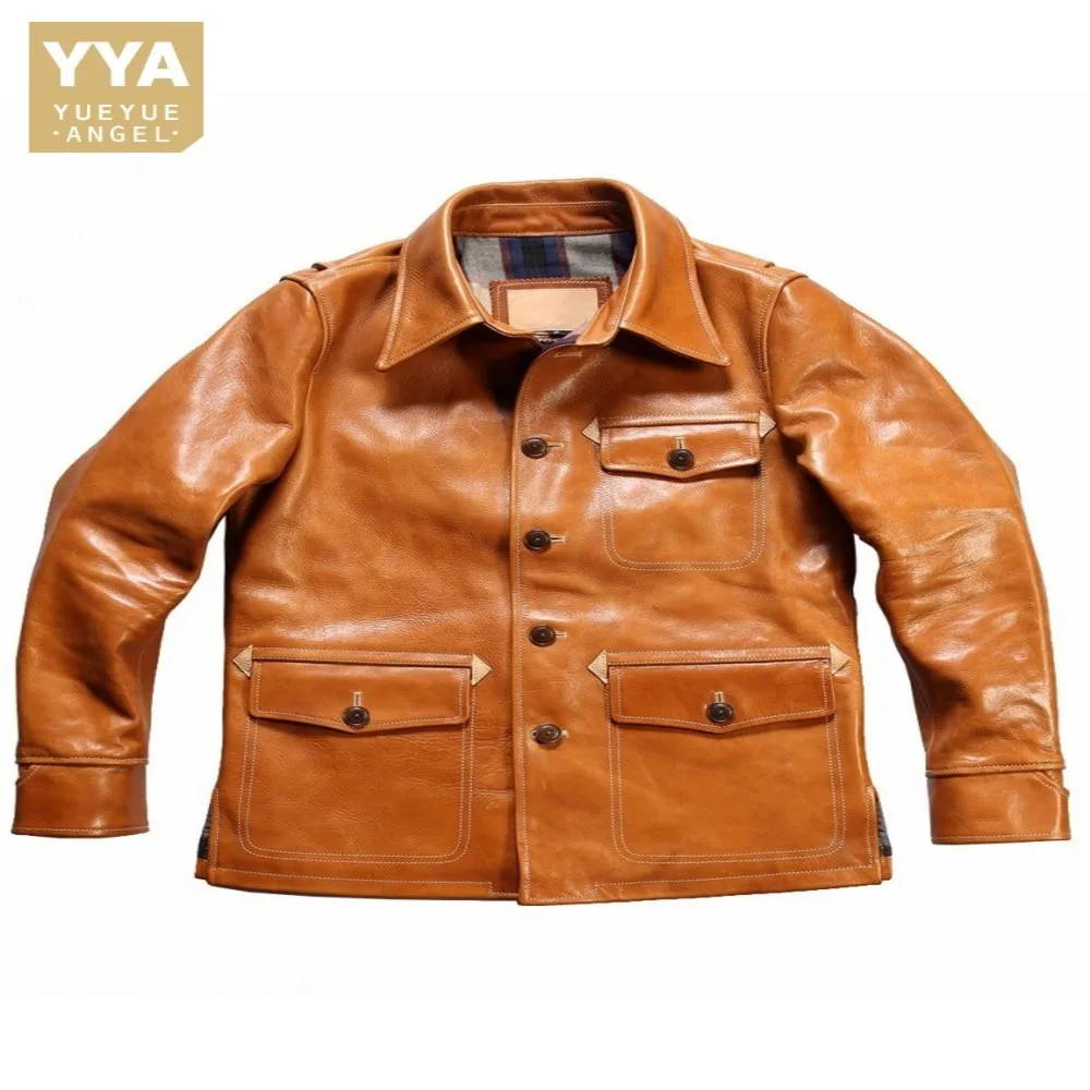 

Men Vintage Oil Wax Cowhide Slim Fit Single Breasted Genuine Leather Jacket Casual Multi Pockets Work Coat Plus Size 6XL