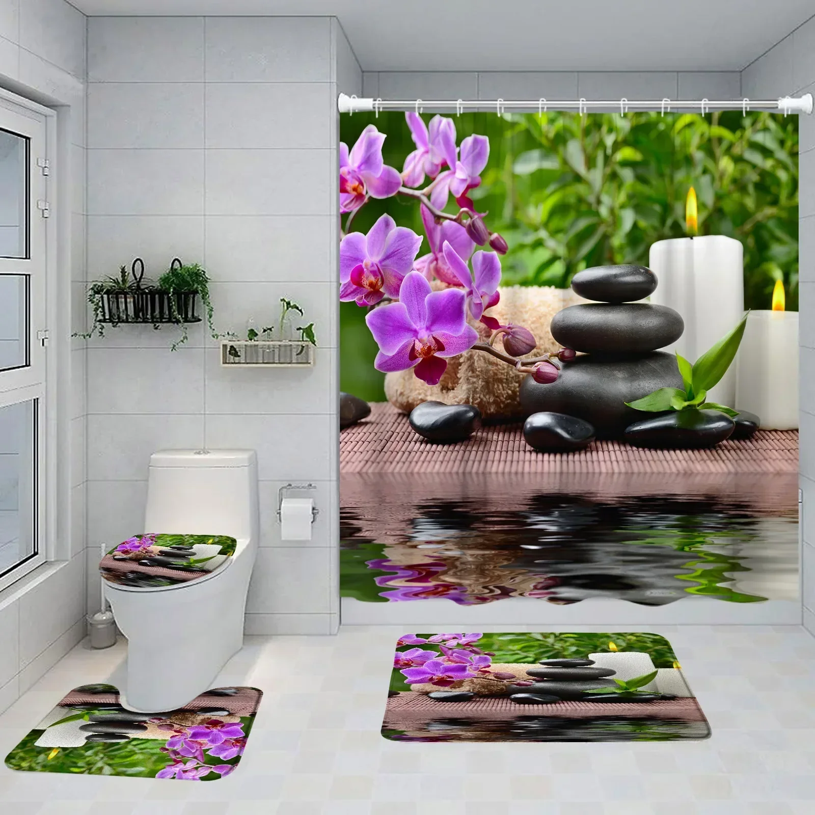 Zen Shower Set tirai ungu anggrek Hitam batu hijau bambu taman pemandangan kamar mandi dekorasi Non-Slip karpet mandi penutup Toilet