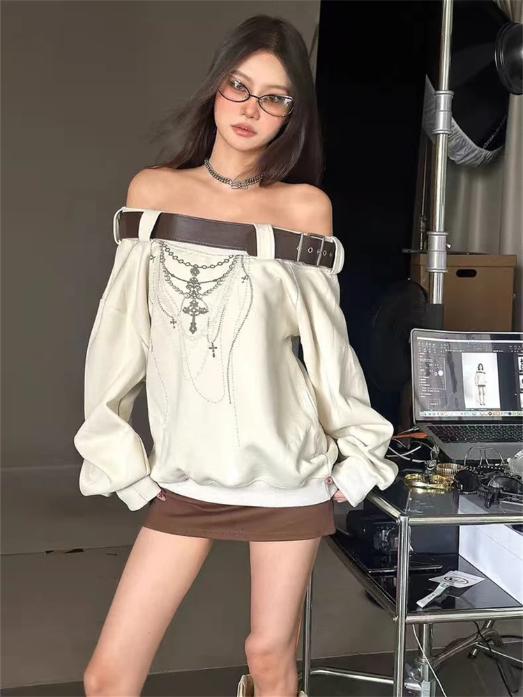 LOTDOOTN Amerikaanse Sle Pittig Meisje Diagonale Oulder Hoodie vrouwen Herfst Winter Punk Riem Lange Sve Losse Casual Subcultuur Kleding