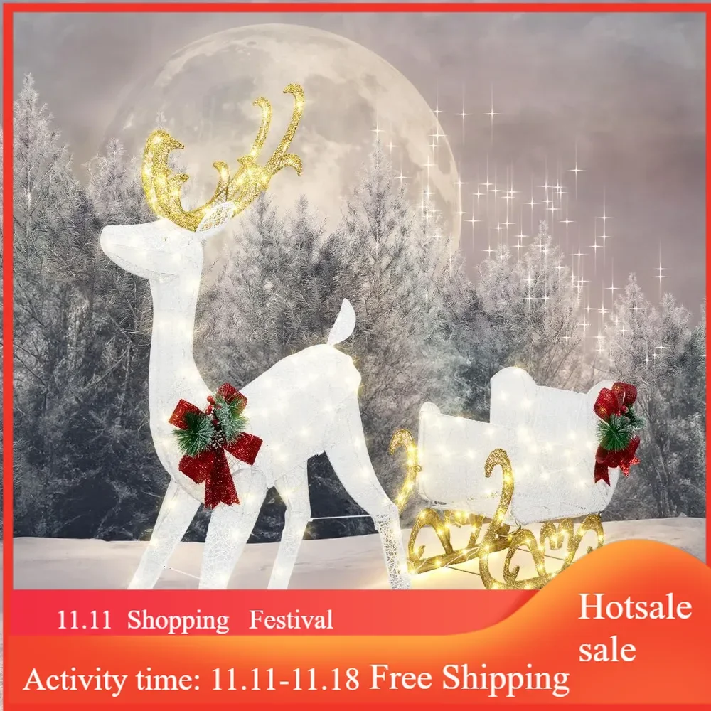 Lighted Christmas Reindeer & Sleigh Outdoor Yard Decoration Set W/ 205 LED Lights & 8 Ground Stakes, Zip Ties