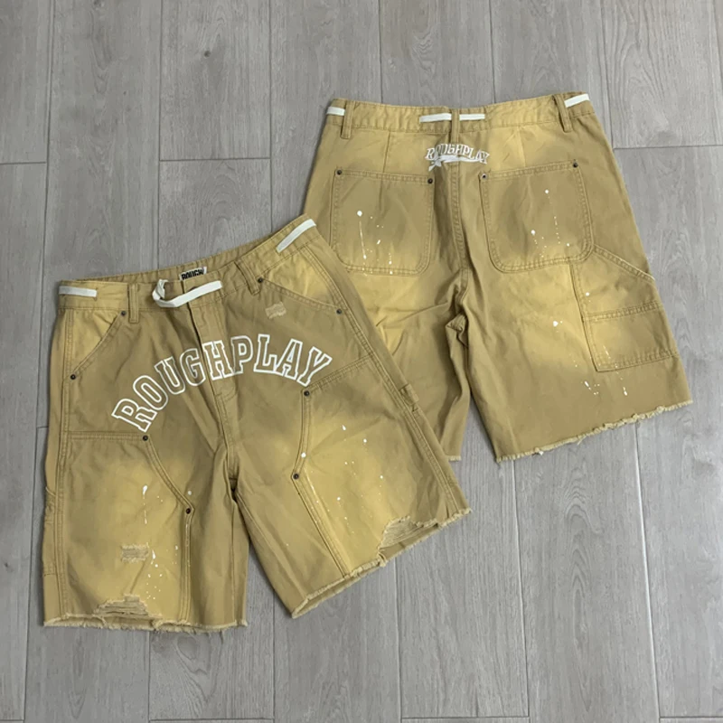 New Arrivals ROUGH PLAY Cargo Shorts Retro Old Splashed-ink Pattern Shorts Streetwear Hip Hop Ripped Casual Shorts