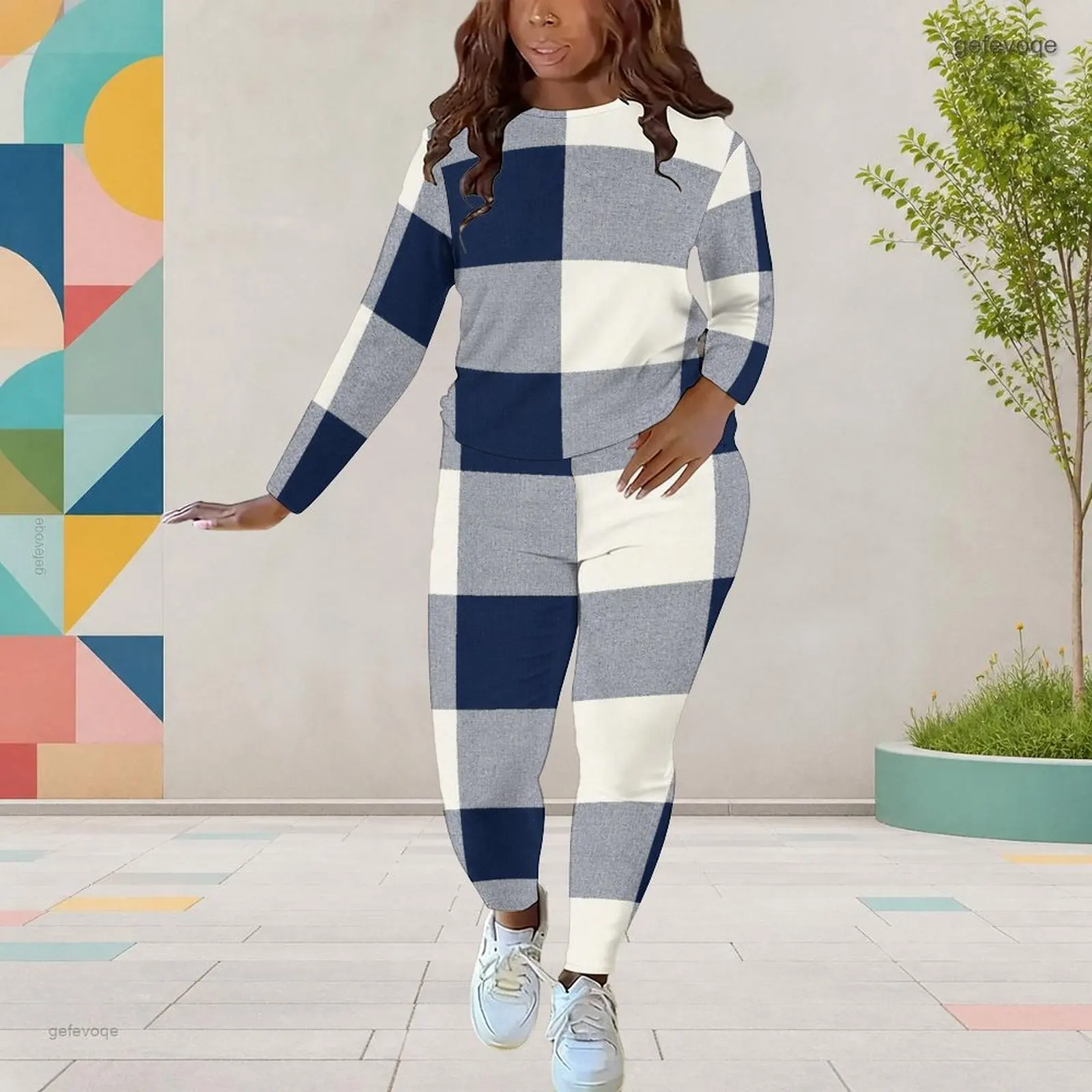 Women Red Plaid Print Round Neck Long Sleeve Top and Fitted Pants Two Piece Set