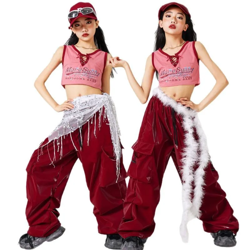 

Красный джазовый танцевальный костюм для девочек Kpop Сценическая одежда Хип-хоп Шуфле Брюки Летний укороченный топ Детская модная одежда для уличных танцев