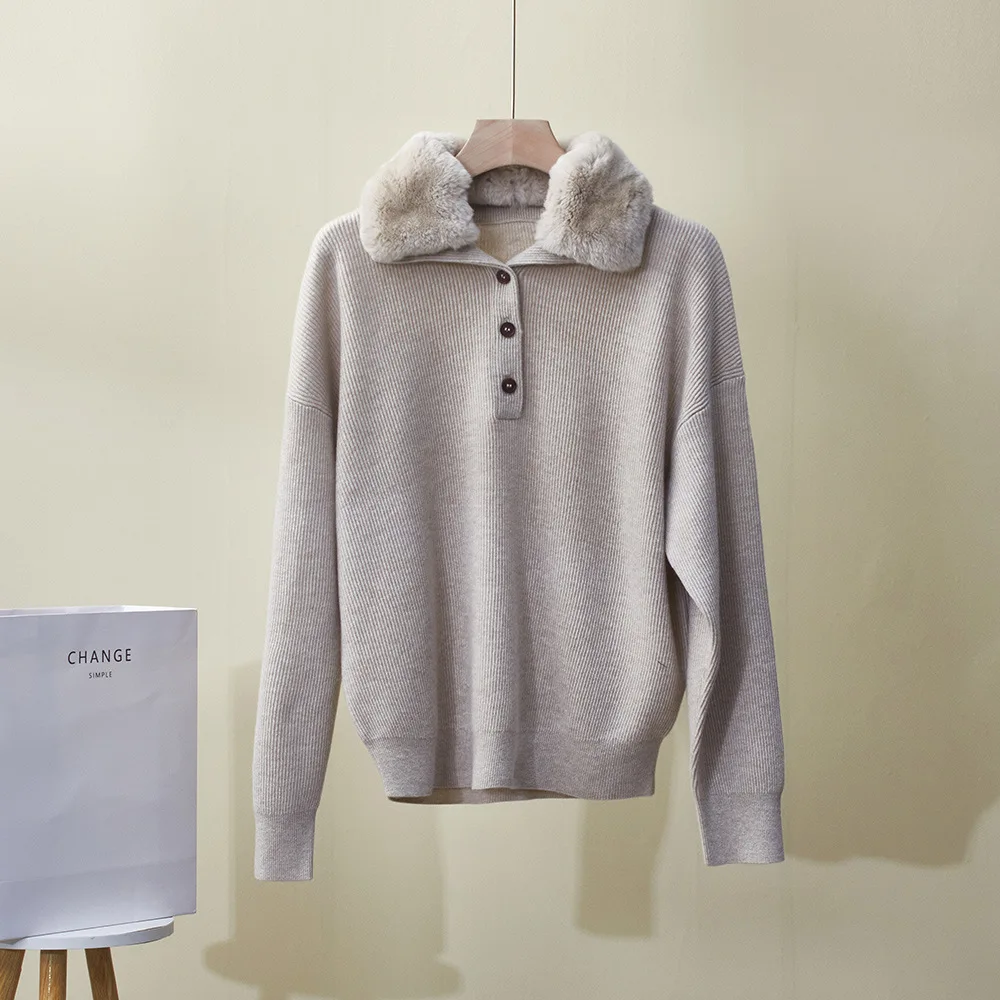 Sweater Kasmir Musim Dingin Kerah Bulu Lepas Model Longgar Serbaguna Rajutan Tebal