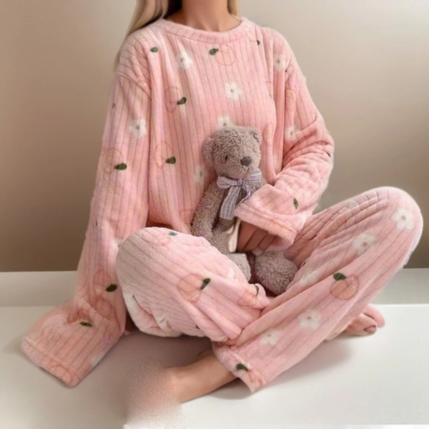 Women\'s Pajamas Set Winter Sleepwear O-neck Loose Long Sleeve Top Elastic Waist Leg Pant Sets Trousers Plus Size Matching Sets