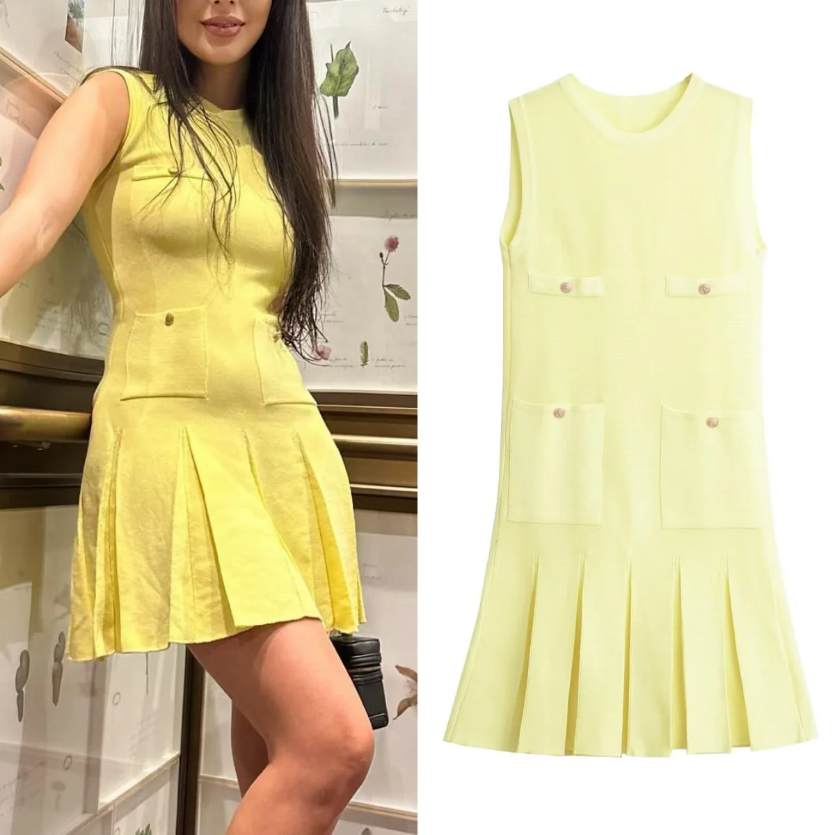 

TRAF women's sweet style slim round neck sleeveless wide pleated knitted mini dress commuter chic cotton dress 2024 summer new