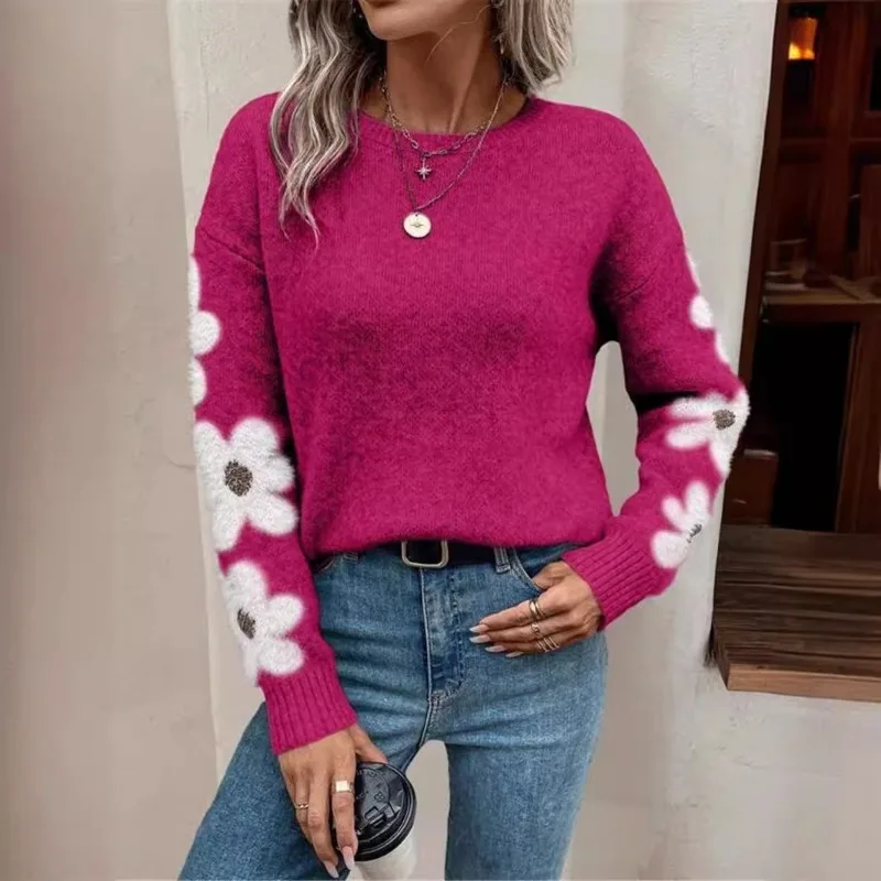 Women Loose Floral Pattern Long Sleeve Pullover Sweater Female Daily Clothes Autumn New Women\'s Loose Round Neck Knitted Top