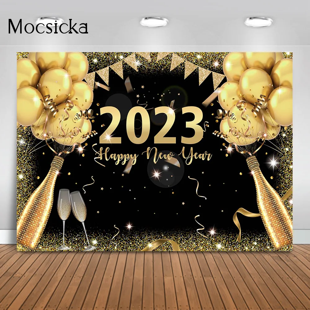 Happy New Year Birthday Party Backgrounds Golden Balloons Bunting Champagne Decoration Backdrops Birthday Banner Photography