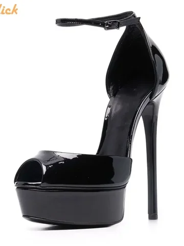 Босоножки на платформе с открытым носком, черные лакированные кожаные босоножки на шпильке с ремешком на щиколотке