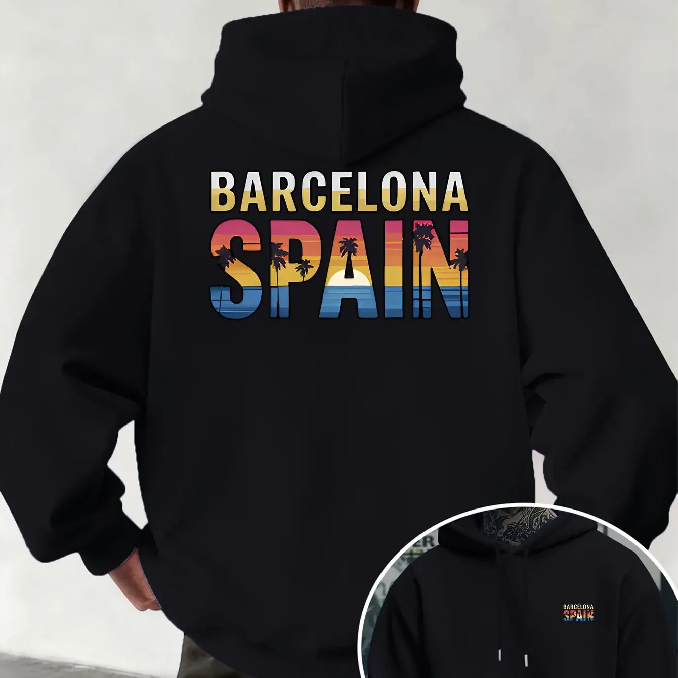 Front‑Back Barcelona Spain Sunset Palm Tree Gradient Letter Graphic Print Black Oversized Unisex Fleece Drawstring Hoodie