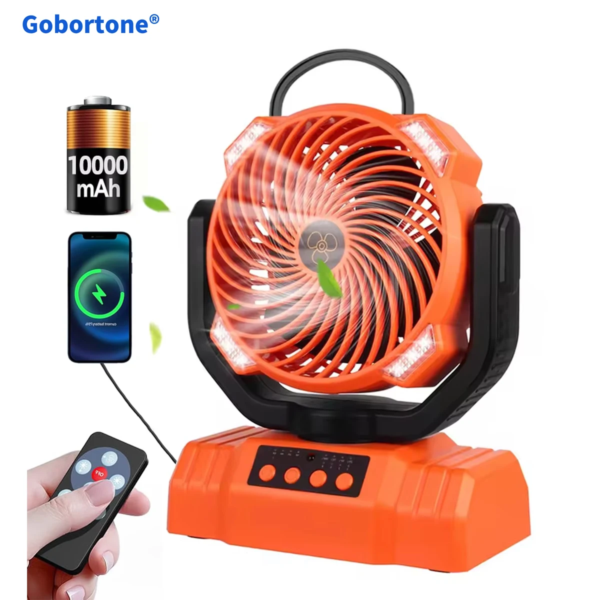 Gobortone Outdoor Camping Fan 10000mah Desk Table Rechargeable Fan With Power Bank Lighting USB Portable Outdoor for Tent