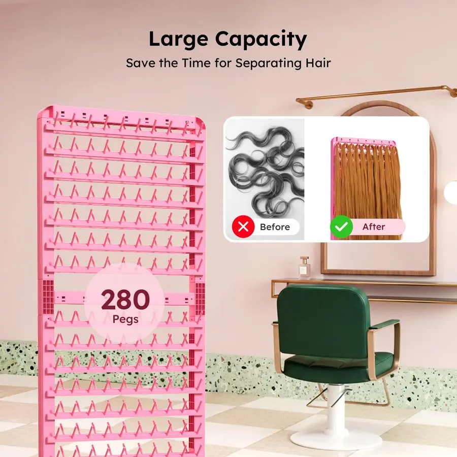 Braiding Rack 280 Pegs, 2Sided Braiding Hair Rack for Braiders, Standing with Wheels, Pink Hair Separator for Stylists