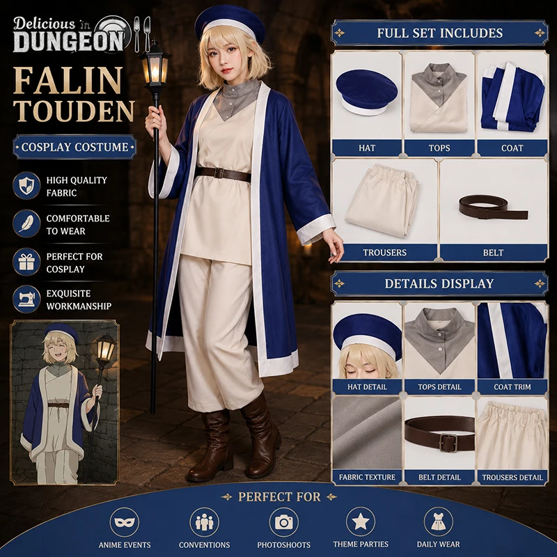 costume-de-cosplay-anime-delicious-in-dungeon-falin-touden-perruque-uniforme-robe-bleu-fonce-chapeau-ceinture-laios-fete-d'halloween-jeu-de-role-pour-fille
