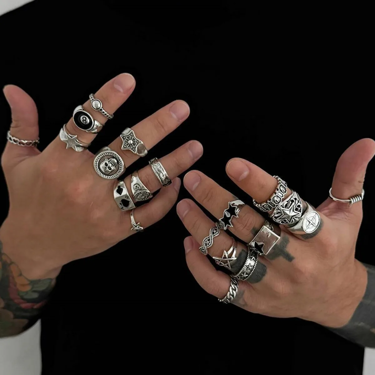 

KunJoe 20Pcs/Set Punk Geometric Stars Rings Men Hip Hop Stackable Silver Color Knuckle Rings Set Fashion Jewelry Accessories