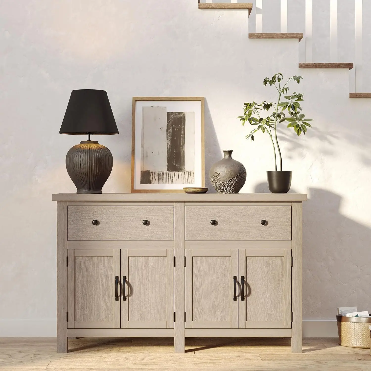 Rustic Large Wooden Sideboard Buffet Server Table With Doors For Kitchen & Living Room, Weathered Grey, Customized