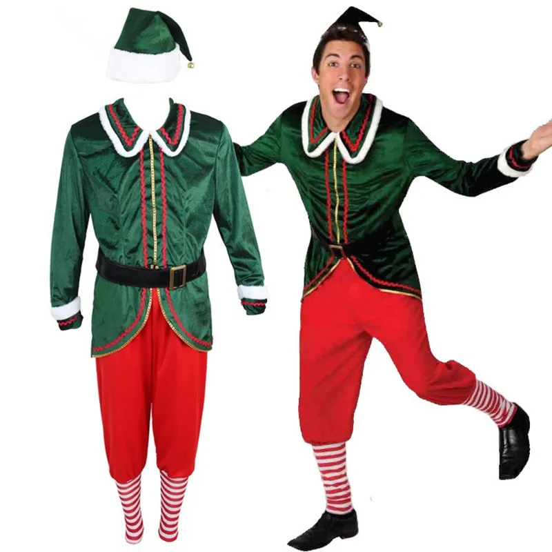 Green Christmas New Year Elf Adult Costume For Men Funny Halloween Joker Costumes Suit Carnival Party Supplies