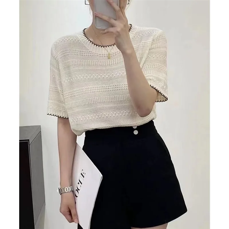 

hollow out cotton linen short sleeve sweater women's summer temperament loose thin round neck half sleeve T-shirt
