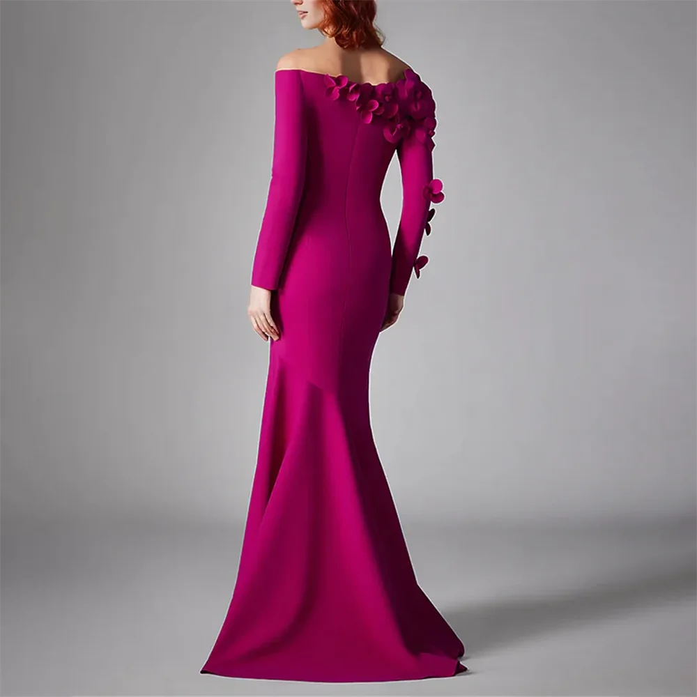 Fuchsia Satin Prom Dresses V Neck  Mermaid Birthday Dress For Dubai  Luxury 2024 Formal  Evening Gowns with Handmand Flowers