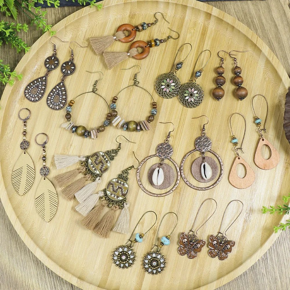 11Pair/Set Vintage Leaf Teardrop Resort Earrings For Women Geometric Handmade Rice Beads Shell Tassel Earrings For Women Gift