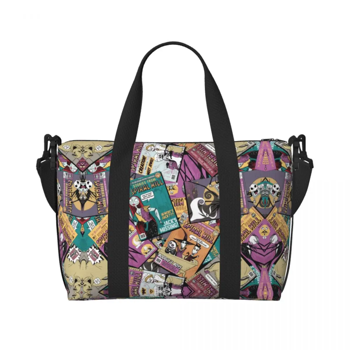 

Custom Halloween Horror Vintage Skull Jack Sally In Love Pattern Tote Bag for Women Big Capacity Gym Beach Travel Bags