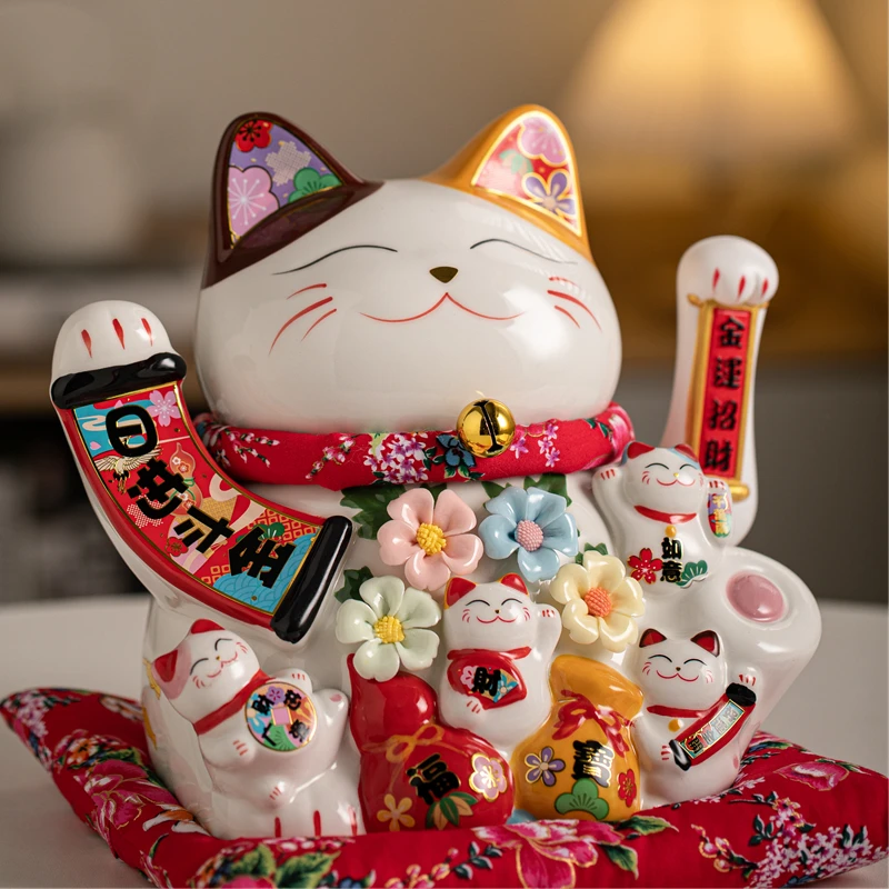 10.4 Inch Large Lucky Cat Ornament Maneki Neko with Handmade Flowers Ceramic Beckoning Cat with Movable Arm Feng Shui Statue