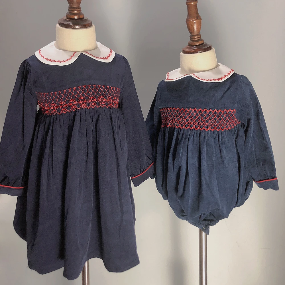 

Girls Corduroy Dress Handmade Smocked Long Sleeve Navy Blue Skirt Princess Christmas Children Boutique Eid Clothes For 2Y-6Y