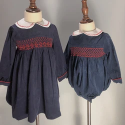 Girls Corduroy Dress Handmade Smocked Long Sleeve Navy Blue Skirt Princess Christmas Children Boutique Eid Clothes For 2Y-6Y