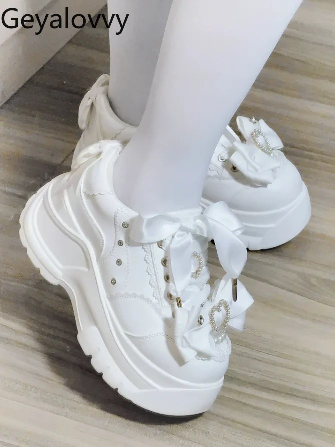 

Spring Autumn New Japanese Style Bow Tie Lace-Up Platform Shoes Sweet Girls Versatile Original Deep Mouth Thick Sole Shoes