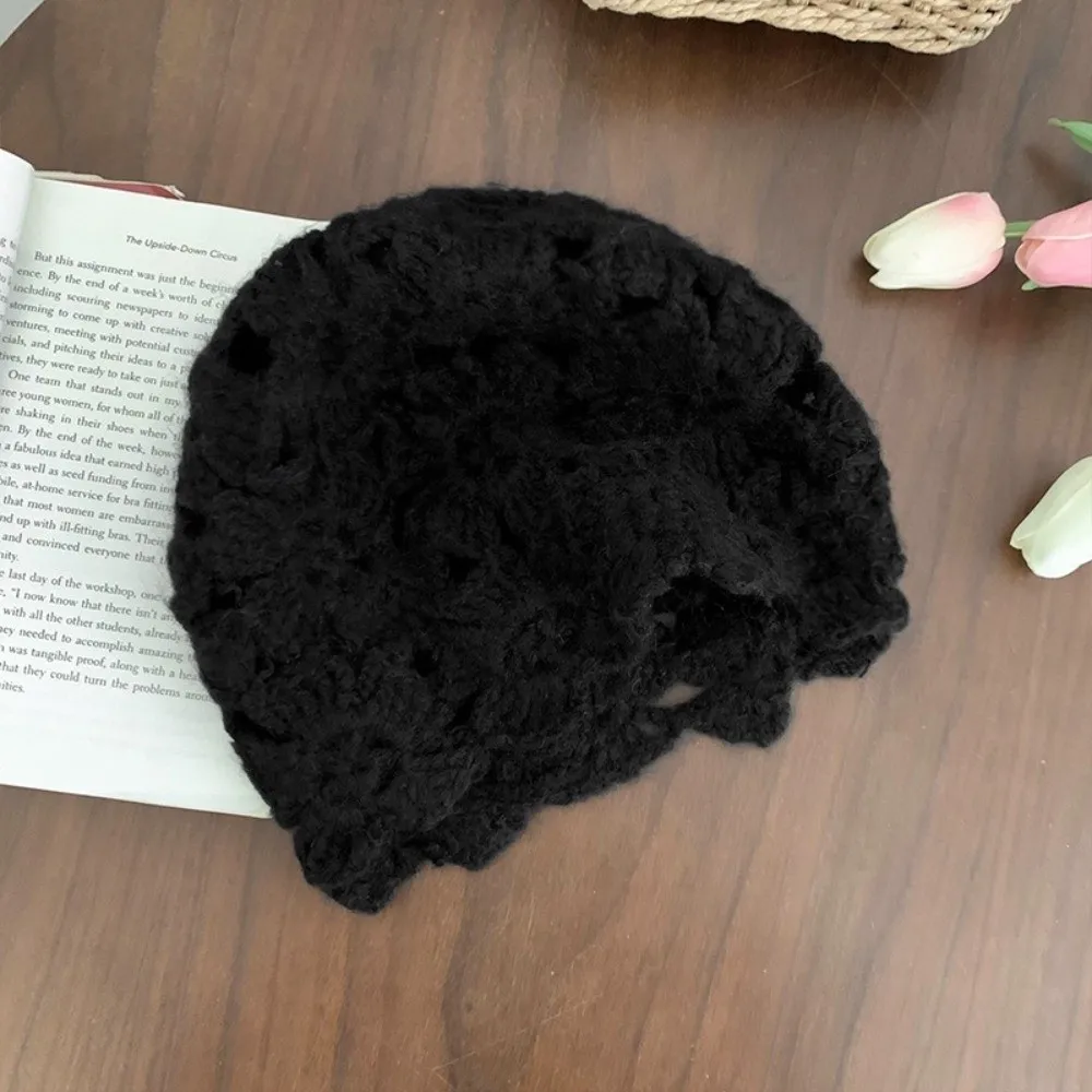 Cute Solid Color Crochet Flower Hat Handmade Weave Knitted Pullover Hat Japanese Short-brimmed Beanies Cap Ladies