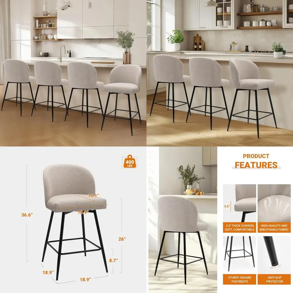 

Набор из 4 поворотных барных стульев с мягкой обивкой на столешнице, спинками и металлическими ножками, высота сиденья 26 дюймов, красновато-песок