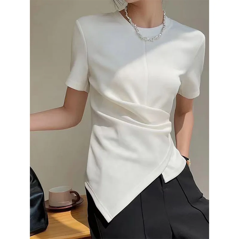 Elegant Design Summer 2026 Women's T-Shirt Short Sleeve Asymmetrical Folded Waist-Cinching Shoulder-Length White Top