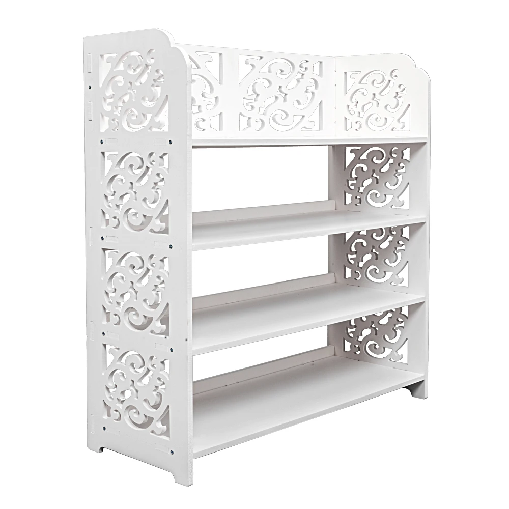 Wood-plastic Board Four Tiers Carved Shoe Rack White B