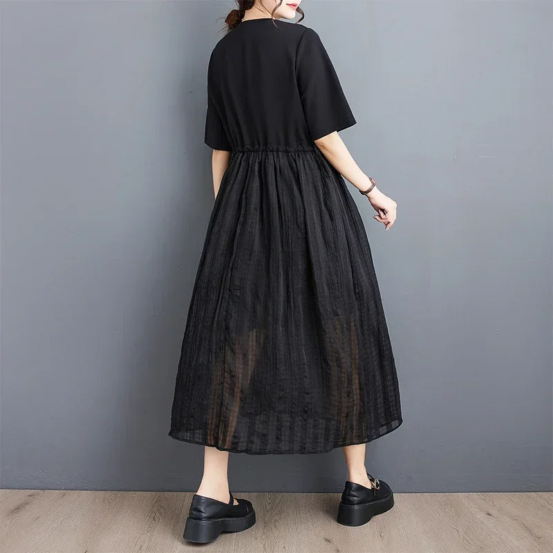 Soft Cotton Linen Black White Cozy Loose Japanese Lace Check Cotton With Slip Mandarin Collar Oversized Summer Dress