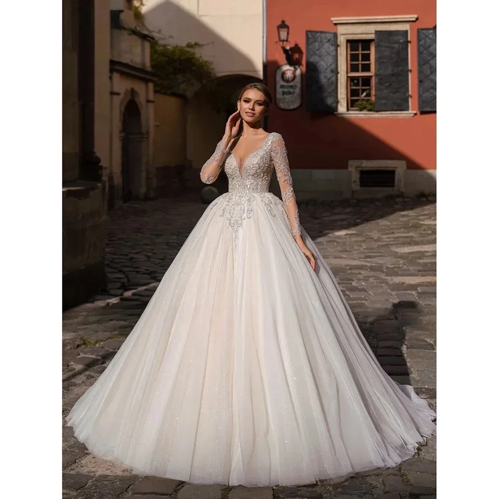 Flavinke Customized Elegant Long Sleeve Wedding Gown Lace Applique Deep V Neck A Line Bridal Gowns Princess Bride Dress Vestido