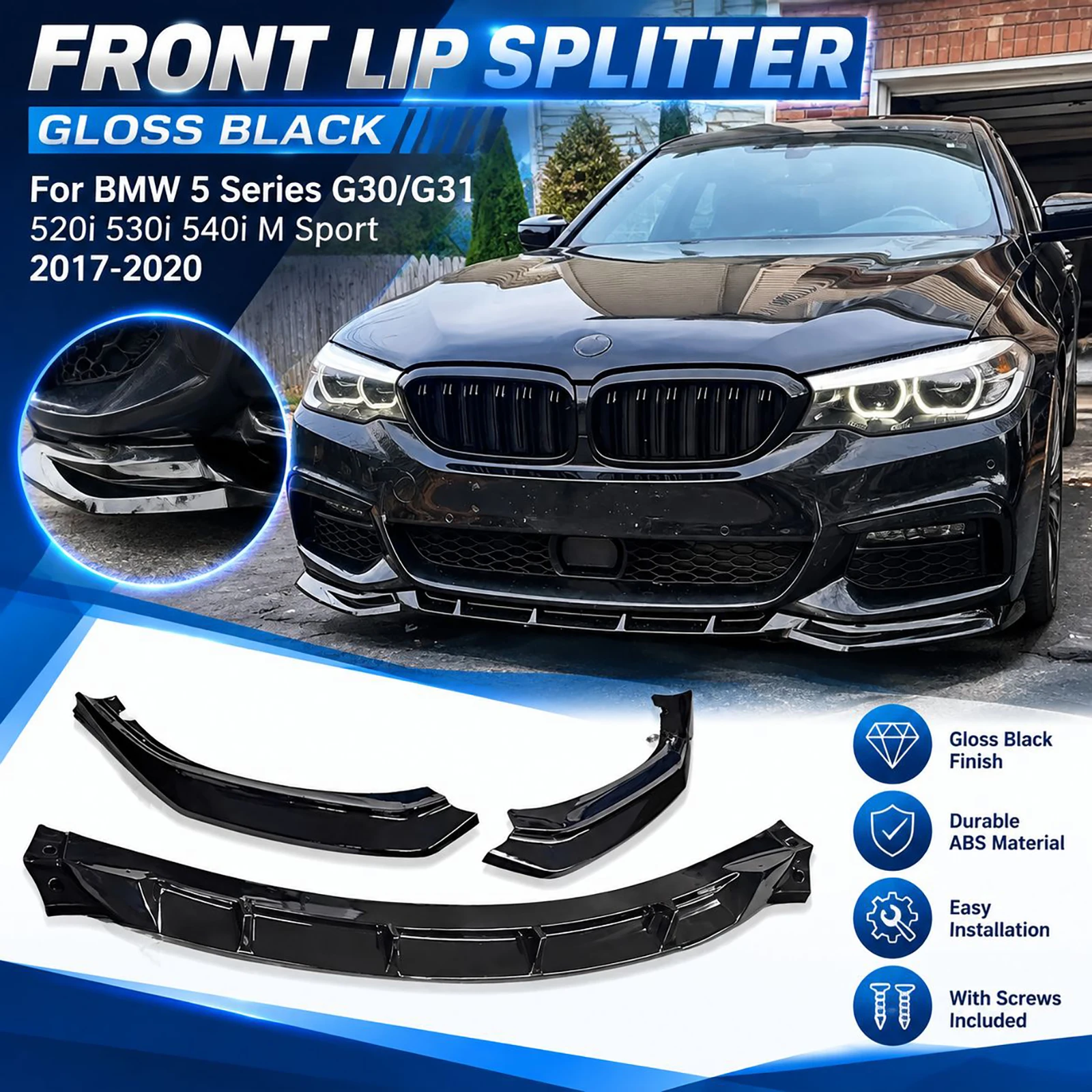 Frontspoilerlippe in Hochglanz-Schwarz für BMW G30 G31 520i 530i 540i M Sport 2017-2020 ABS mit Schrauben