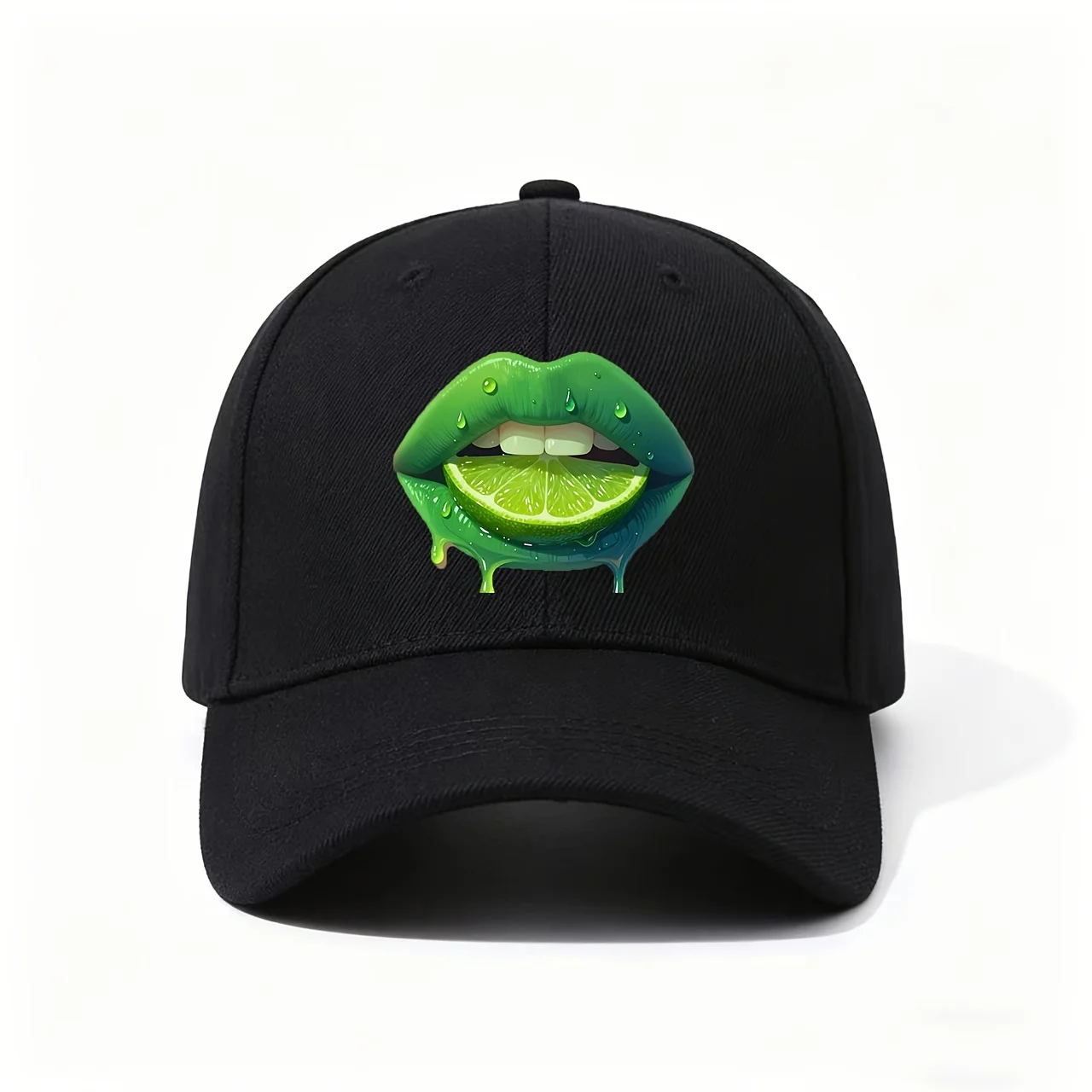 Baseball Cap, Featuring a Bold Graphic of Green, Dripping Lips Biting a Fresh Lime Slice, Made from Durable with a Pre-Curved Br