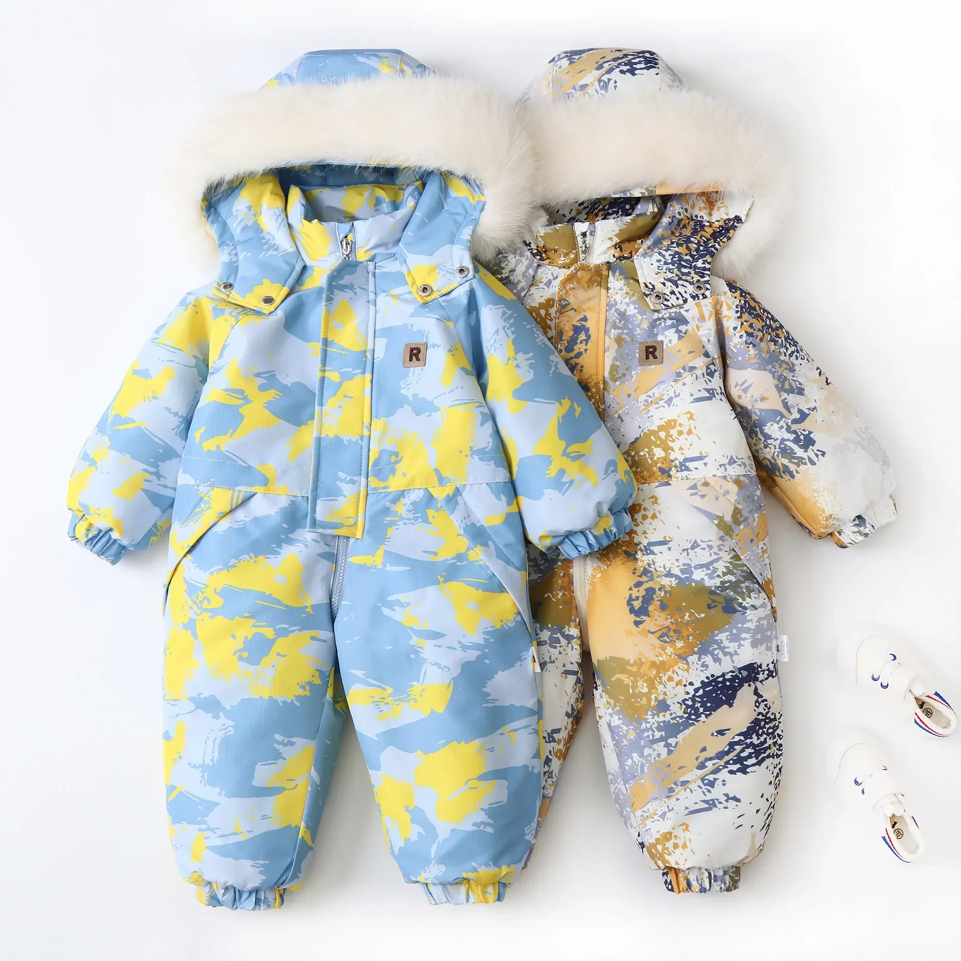 Kid's Snowboard Clothing 2025 Winter Children's Snow Suit Girls Floral Printed Ski Suit Boys Fur Lining Hooded Snowboard Coats
