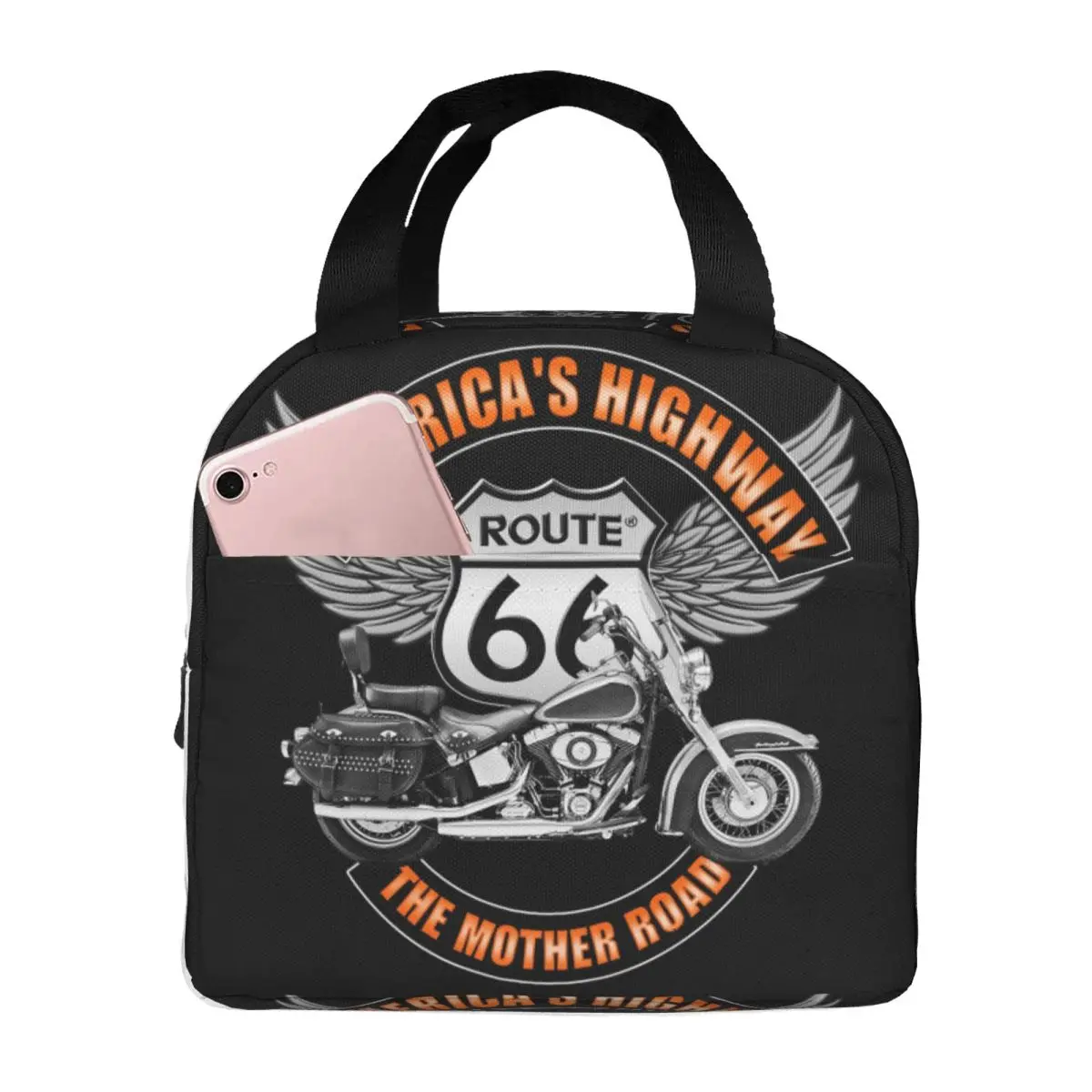 Route 66 Mother Road Insulated Lunch Bags for Women Motorcycle Portable Cooler Thermal Food Lunch Box Outdoor Camping Travel